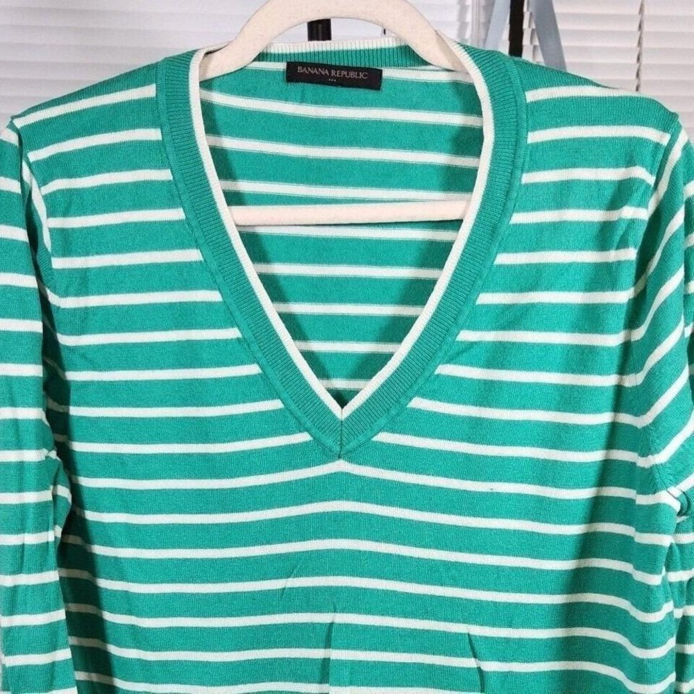 Banana Republic XL $120 V-Neck Cotton Cashmere Wool Green White Striped Sweater